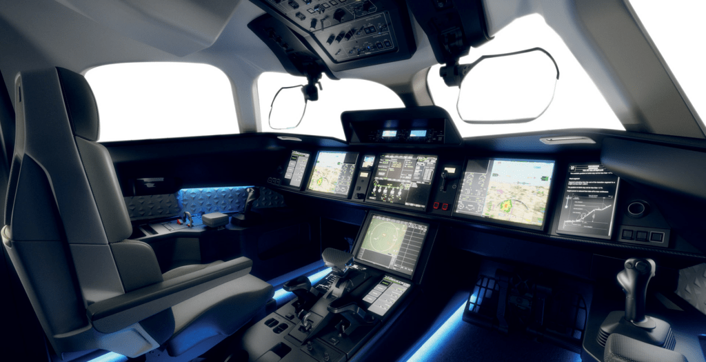 Falcon 7X cockpit with advanced avionics supporting ultra-long-range performance