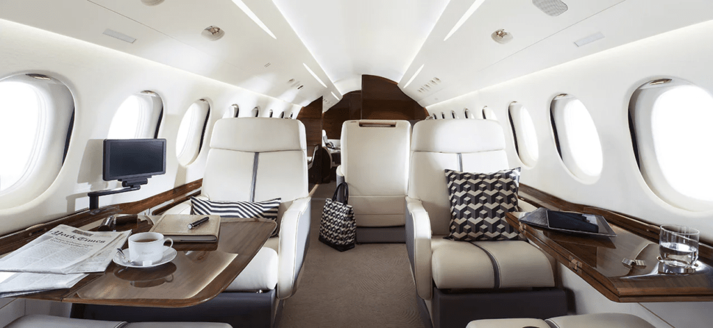 Chartered ultra-long-range private jet offering a Falcon 7X-level travel experience