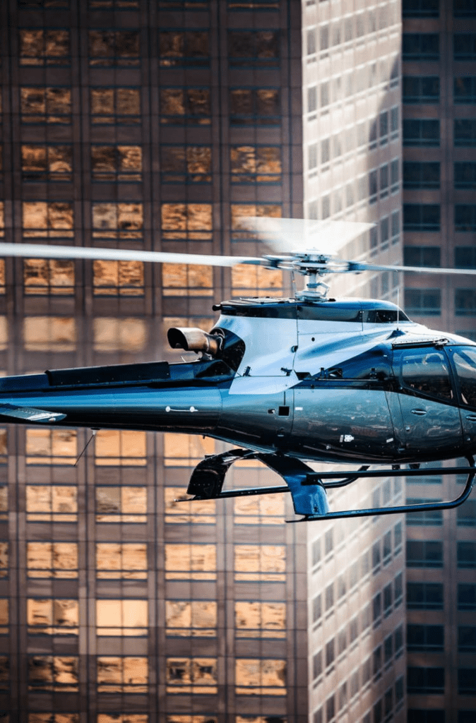 Premium helicopter flying near Houston skyscrapers for landmark and city tours