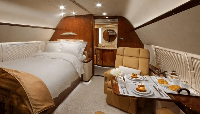 Private jet bedroom interior showing luxury sleeping arrangements on ultra-long-range aircraft
