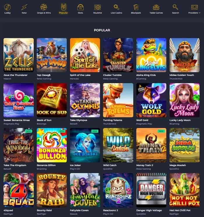 Online casino game library showing large selection of slot games and jackpots