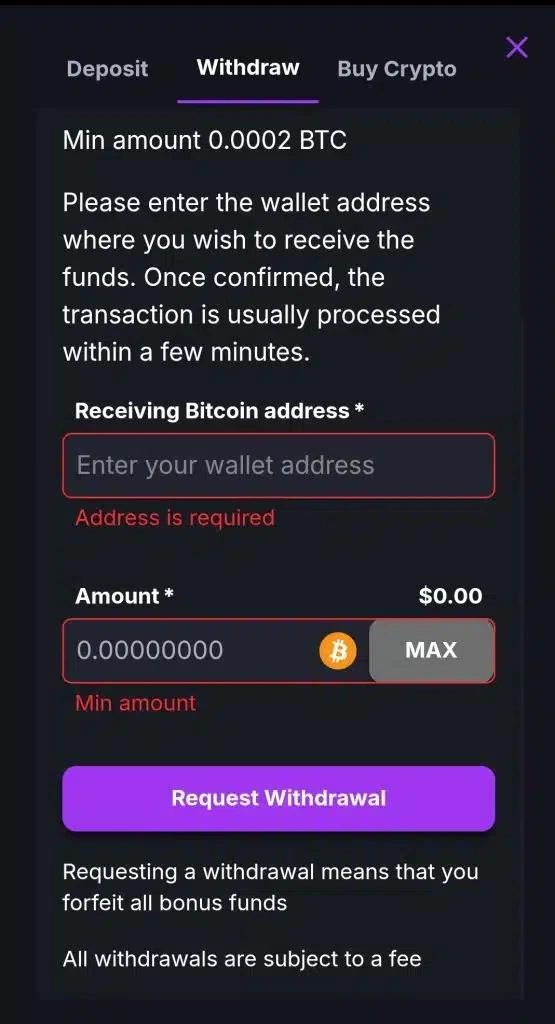 Online casino banking page showing deposit and withdrawal payment methods