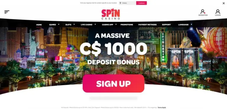 Spin Casino homepage interface showing welcome bonus and slot games selection