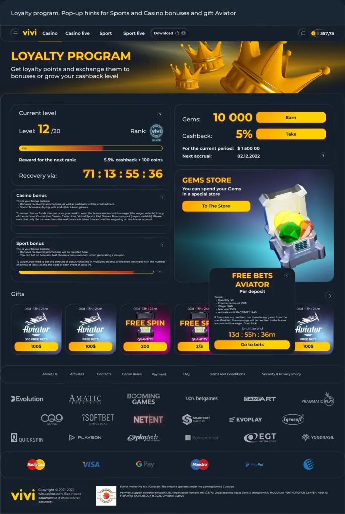 Online casino loyalty program showing player rewards and retention system