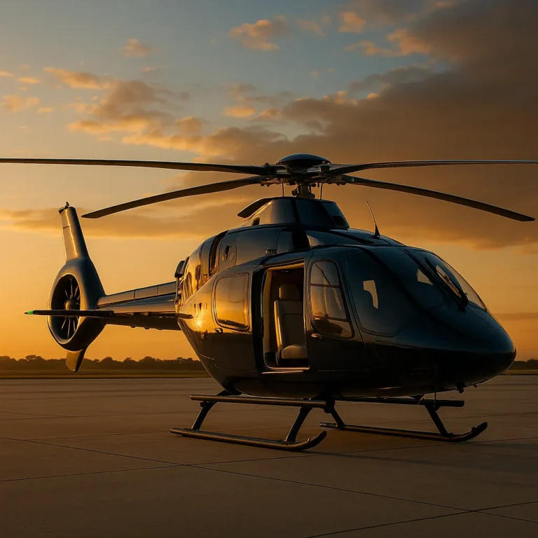 A luxury dark blue helicopter parked on a tarmac at sunset, with open door and golden sky reflecting off its polished surface.