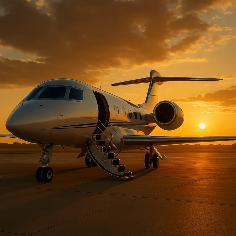A luxurious private jet with gold-accented airstairs parked at sunset, glowing under golden skies on a wide runway.