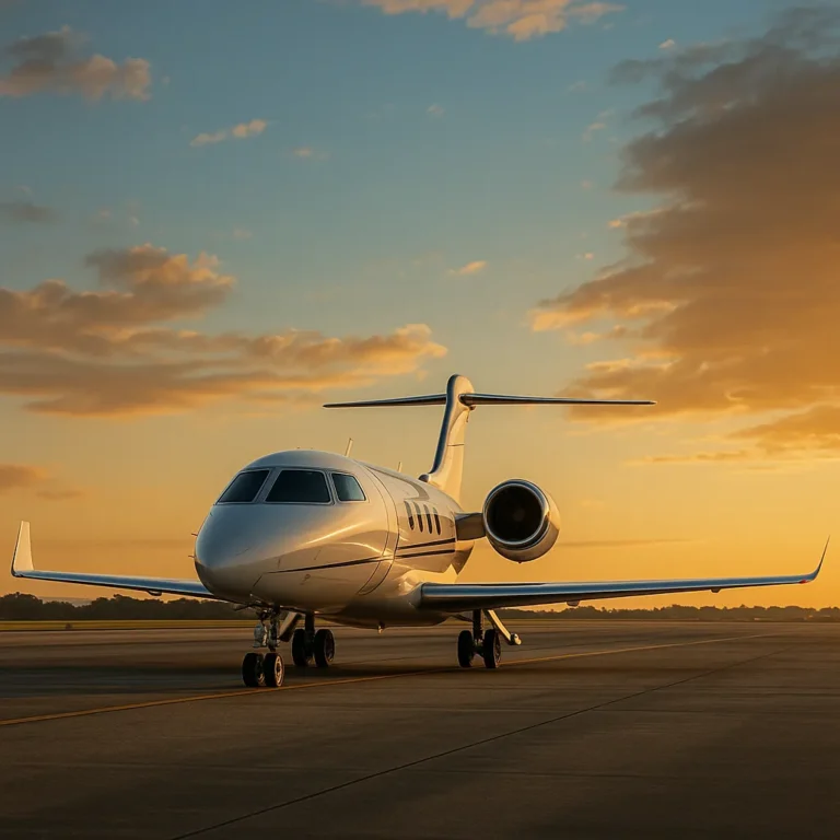 A modern private jet parked on a runway under a glowing orange sunset sky, with dramatic clouds and a peaceful evening atmosphere.
